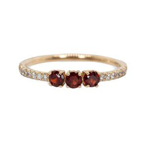 Three-Stone Garnet & Diamond Ring in Solid 14K Yellow Gold